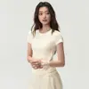 Top de Malha Fitness Peça Única Alta Elasticidade Justo para Mulheres Sem Costura Gola Redonda Camiseta de Yoga Pilates Indoor Emagrecedor Manga Curta