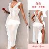 Popular Europeu e Americano Verão Feminino Decote V Profundo Alças Grossas Costas com Renda Plissada Decoração de Pérolas Vestido Sexy 885