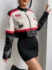 Chaqueta Cardigan con Cremallera y Cuello Alto Fresca Abrigo Corto para Mujer Otoño 2024 Nuevo Estilo Americano Retro Chaqueta Bordada de Cuero PU Industria Pesada