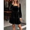 Outono de 2026 Novo Europeu e Americano Amazon Transfronteiriço Roupas Femininas Estilo Retro Suave Vestido de Veludo Manga Longa Gola Quadrada Feminino