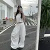 Toma real~ Conjunto de camiseta corta de cuello redondo estilo americano sin hombros + Pantalones anchos holgados de retazos de lunares estilo americano de cintura alta 18131