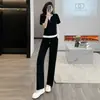 Conjunto de Ropa Deportiva Casual Estilo Europeo para Mujer Verano Elegante Adelgazante Falso Conjunto de Dos Piezas Top Pantalones Largos de Pierna Ancha Conjunto Delgado de Dos Piezas