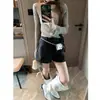 Shorts elegantes e chiques de estilo coreano, cintura alta, modeladores, com bolsos, de mistura de lã, perna larga, para um look sofisticado e profissional.. MQ1915