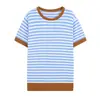 Venta al por mayor transfronteriza 2026 estilo europeo y americano moda casual ajuste ceñido bloques de color cuello redondo manga corta tejido a rayas para mujer E75491
