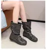 Botas de Cano Curto Estilo Ballet com Laço Retro Desgastado 2026 Novidades Outono/Inverno Botas Enrugadas para Aumentar a Altura Botas com Salto Bloco Botas Elásticas