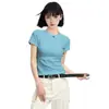 Camiseta Azul de Algodão Puro com Ombro Normal de Manga Curta para Mulheres Primavera/Verão 2026 Nova Slim Fit Cor Sólida Versátil Camada Base Top Pesado