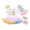 Venta al por mayor transfronteriza traje de cuatro piezas para niña bebé de Pascua: suéter de malla de manga corta, falda, diadema, calcetines, directo de fábrica