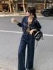 Conjunto de Duas Peças Jeans Wide-Leg para Mulheres, Novo para Outono 2025, Moda Commuter Retro de Hong Kong Estilosa e Respirável