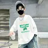 Camiseta casual de manga longa estilo coreano para meninos, 100% algodão, coleção primavera/outono 2026, gola redonda, corte solto, moderna