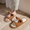 Chinelos de urso em linho respiráveis e absorventes de suor para mulheres, adequados para todas as estações, para uso interno, silenciosos, antiderrapantes, chinelos de tecido de algodão e linho para primavera e outono