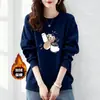 Moletom grosso de algodão estilo coreano com gola redonda e forro de fleece para mulheres, adequado para primavera, outono e inverno, casual, moderno, versátil e adequado para o dia a dia, blusa de manga longa