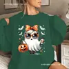 Moletom Transfronteiriço Halloween Fantasma Abóbora Morcego Estampado Pulôveres Feminino Tamanho Europeu
