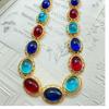 Conjunto de Collar y Pulsera de Vidrio Ovalado con Encaje Hueco Vintage de Época Media Chapado con Oro Real Marcado