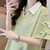 Camiseta Gola Polo Waffle Manga Curta Plus Size para Mulheres, Novo Estilo Verão 2025, Caimento Solto, Efeito Emagrecedor, Top com Laço