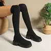 Botas de punto elástico hasta la rodilla de moda europeas y americanas con punta redonda, suela gruesa, tacón grueso, botas calcetín para mujeres petite, botas largas transfronterizas para mujer que aumentan la altura