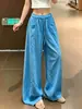 Pantalones Azules de Seda de Dopamina Hielo Secado Rápido Corte Curvo para Mujer, Nuevo Estilo de Verano, Corte Relajado, Adelgazantes, Casual, Frescos de Pierna Ancha