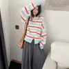 Suéter de tricô com capuz listrado retrô estilo coreano para mulheres, novo suéter jaqueta casual com bloqueio de cores para outono e inverno, com zíper duplo