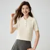 Bai Cai Cachemira de Terciopelo Cuello Polo Tejido de Canalé Manga Corta 2026 Nuevo Estilo Coreano Versátil para el Trabajo Suéter de Punto Suave