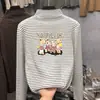 Camisa de Manga Longa com Gola Meia-Alta, Listrada em Veludo Engrossado, para Meninas, Outono e Inverno, Novo Estilo, Roupa de Baixo, Roupas Infantis, Tops Infantis Médios e Grandes