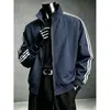 Jaqueta de Voo Americana Desconstruída Azul Escuro Masculina Outono Listrada Patchwork Sportswear Gola Alta Ombro Raglan Jaqueta Baseball