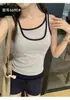 Novo Colete Color Block Sem Mangas de Ombro Largo Falso Duas Peças para Mulheres Ajuste Slim Camada Interna Camada Externa Costas Bonitas Top Camisola Verão