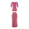 Camiseta de gola U com mangas de três quartos puramente desejável com saia longa fluida de cintura alta com amarração na cintura, saia longa versátil, conjunto feminino elegante
