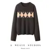Nova Coleção Outono/Inverno 2026: Blusa de Tricô com Gola Redonda, Jacquard de Diamante e Design Color Block, Camada Base de Tricô de Manga Longa com Caimento Solto