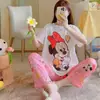 Pijama de manga corta y pantalón largo para mujer, de verano con dibujos animados talla grande, estilo primavera y otoño, pijama holgado para estudiante, conjunto de ropa de casa de verano para mujer