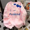 Moletom Pulôver Redondo com Estampa de Letras Personalizada Estilo Americano Azul Preguiçoso para Mulheres Outono e Inverno Nicho Tie-Dye Criativo