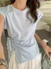 Top corto azul asimétrico con cinturón estilo coreano para mujer, diseño de verano, nicho, hombro normal, camiseta de manga corta