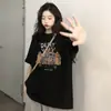 Camiseta preta pesada da moda de rua americana, camiseta de algodão de manga curta, moda de verão feminina, marca, top solto de meia-manga, roupas para Instagram