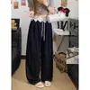Pantalones de pierna ancha con empalme de encaje y seda helada para mujer, novedad verano 2025, holgados, de cintura alta, con caída, rectos, casuales, pantalones Yamamoto