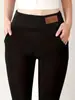 Exclusivo para comércio exterior, leggings de ioga com forro de fleece para outono e inverno para mulheres, cintura alta com etiqueta de couro e bolsos, fleece de cordeiro, quente, modelador, casual