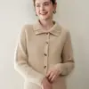 Cardigã 100% cashmere puro com gola, nova blusa base de malha lisa para outono e inverno feminino, casaco de botão único estilo delicado