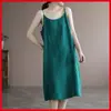 Algodão Linho Verão Novo Algodão Puro Alça Cor Sólida Vestido Feminino Artístico Elegante Solto Alça Interna Vestido Longo