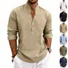 Website independente transfronteiriço: Nova camiseta Henley masculina de linho estilo americano, corte solto, casual, respirável, com decote V e mangas compridas, um item mais vendido