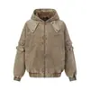 Jaqueta com capuz desgastada lavada, algodão lona, marca punk moderna, roupas masculinas de primavera e outono, orientada para o design, patchwork desconstruído, estilo deserto