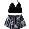 Conjunto para Casa Lingerie Transfronteiriça Feminino Estampado Casual Renda Cropped Calça Flare Slim Fit Conjunto