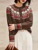 Cardigã Feminino Retrô Fair Isle Flor Vermelha Tricô Suéter Outono Casaco Petite Gola Redonda de Botão Único Versátil