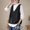 Colete Tricotado de Renda Artística Vintage para Primavera e Outono com Bolso e Decote V Feminino Solto Emagrecedor de Lã