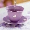 Taza de té pequeña morada lila con diseño de mariposas, hecha en fábrica, para mujeres, taza personal para degustación de té, taza maestra de cerámica, juego de té para invitados
