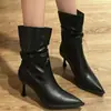 Botines elegantes de punta fina color negro para otoño e invierno 2026, estilo europeo y americano, versátiles, retro, de tacón alto, elásticos, fruncidos