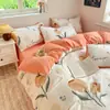 Juego de Ropa de Cama de Franela Gruesa de Algodón Puro de Cuatro Piezas Ropa de Cama 100% Algodón Otoño e Invierno Funda Nórdica Sábana Sábana Ajustable Juego de Tres Piezas
