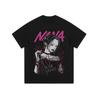 American High Street Animação Japonesa Cartoon Velha Camiseta de manga curta Masculina e Feminina Moda Nacional Lavagem Água Camiseta de Meia Manga Grande