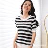 Suéter de algodón de manga corta para mujer, cuello redondo, camisa de base fina hueca de verano, camiseta de rayas de algodón y lino, top adelgazante