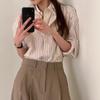 Agora h camisa de manga comprida listrada vertical coreana falsa de duas peças 2025 primavera camisa sobreposta em camadas para mulheres sobreta * e