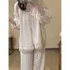 Pijama feminino estilo menina doce, rosa claro, com cadarço, outono, corte solto, amigo da pele, macio e confortável, mangas compridas e calças compridas, conjunto loungewear para usar em casa