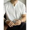 Camiseta Blanca de Manga Corta con Cuello Henry y Textura de Pique para Hombre, Nueva de Primavera y Verano 2025, Transpirable, Elástica, Holgada, Camisa Henry