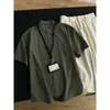 Camisa de algodão de bambu com textura plissada, gola alta, manga curta para homens, verão, estilo ligeiramente maduro, toque de alta qualidade, nova camisa de algodão e linho estilo chinês