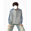 Chaqueta cárdigan de patchwork a rayas estilo americano para hombre, nueva colección de otoño, corte holgado, marca deportiva moderna, cuello alto casual, sudadera versátil